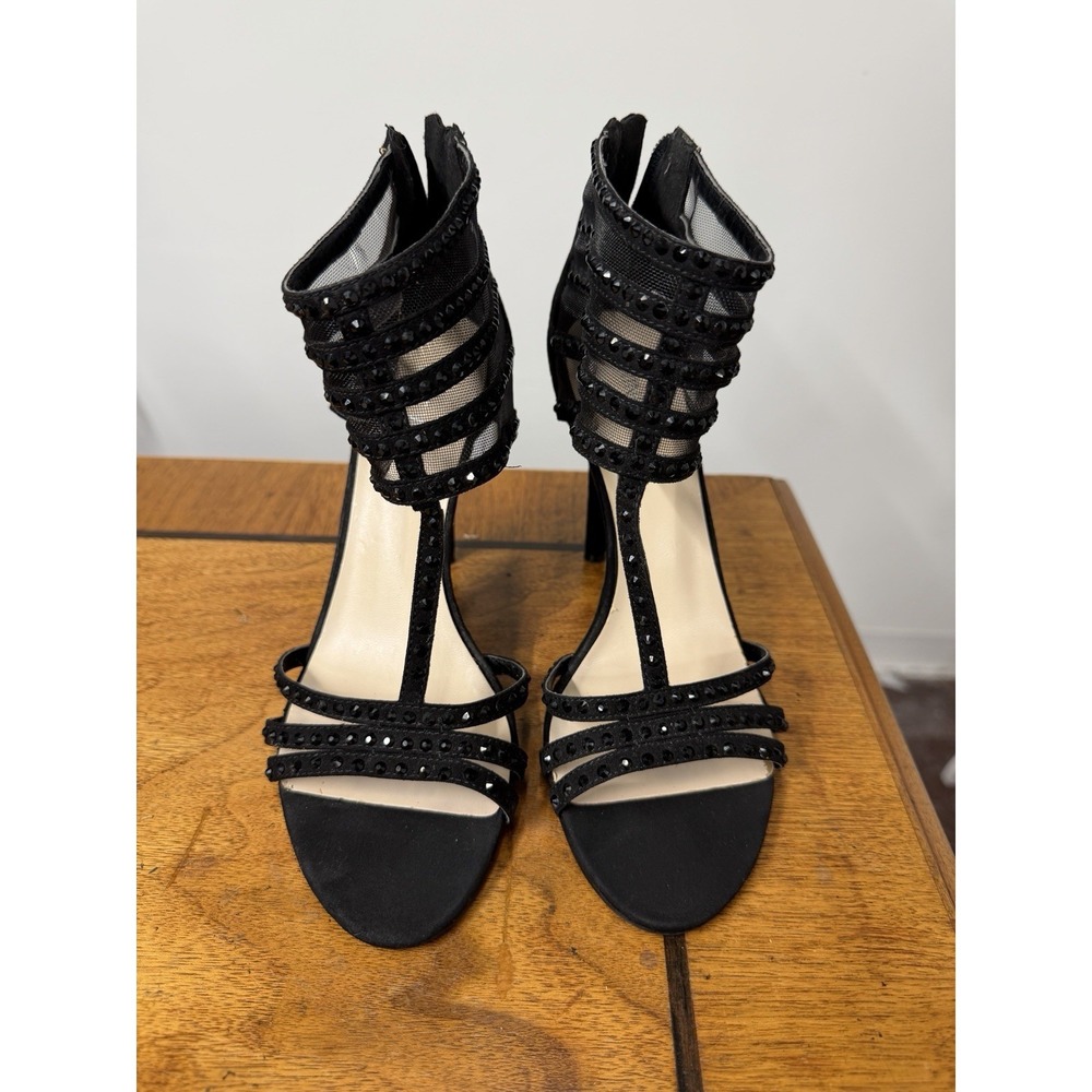 NINE WEST Women's 6.5 Black Mesh Open Toe Stilettos Back Zip 4" High Heels Jewel